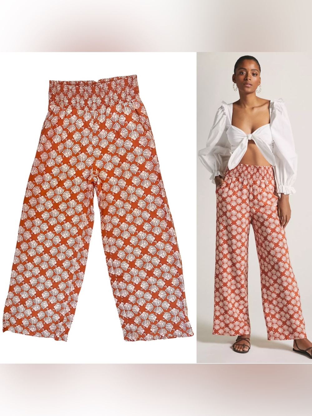Anthropologie Maeve Burnt Orange & White Seashell Print Wide Leg Trousers XS